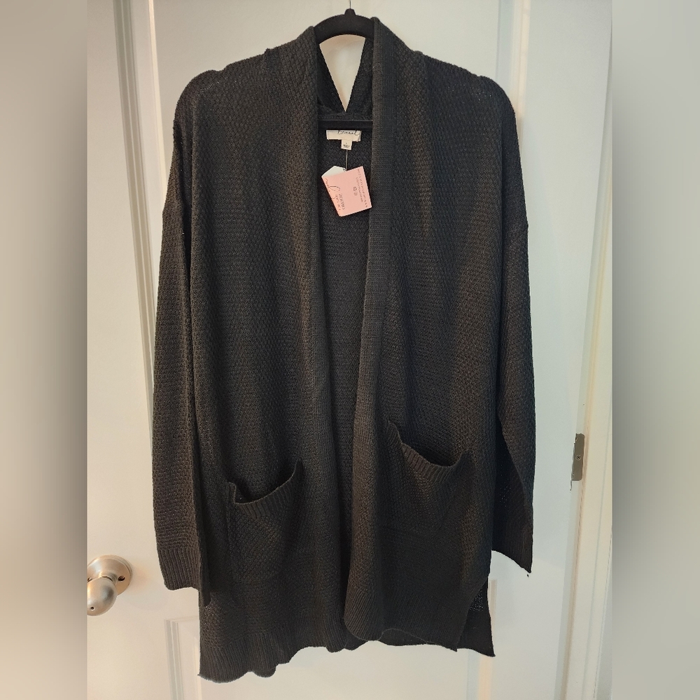 BE COOL Black Open-Front Lightweight Hooded Cardigan Size Large. NWT.